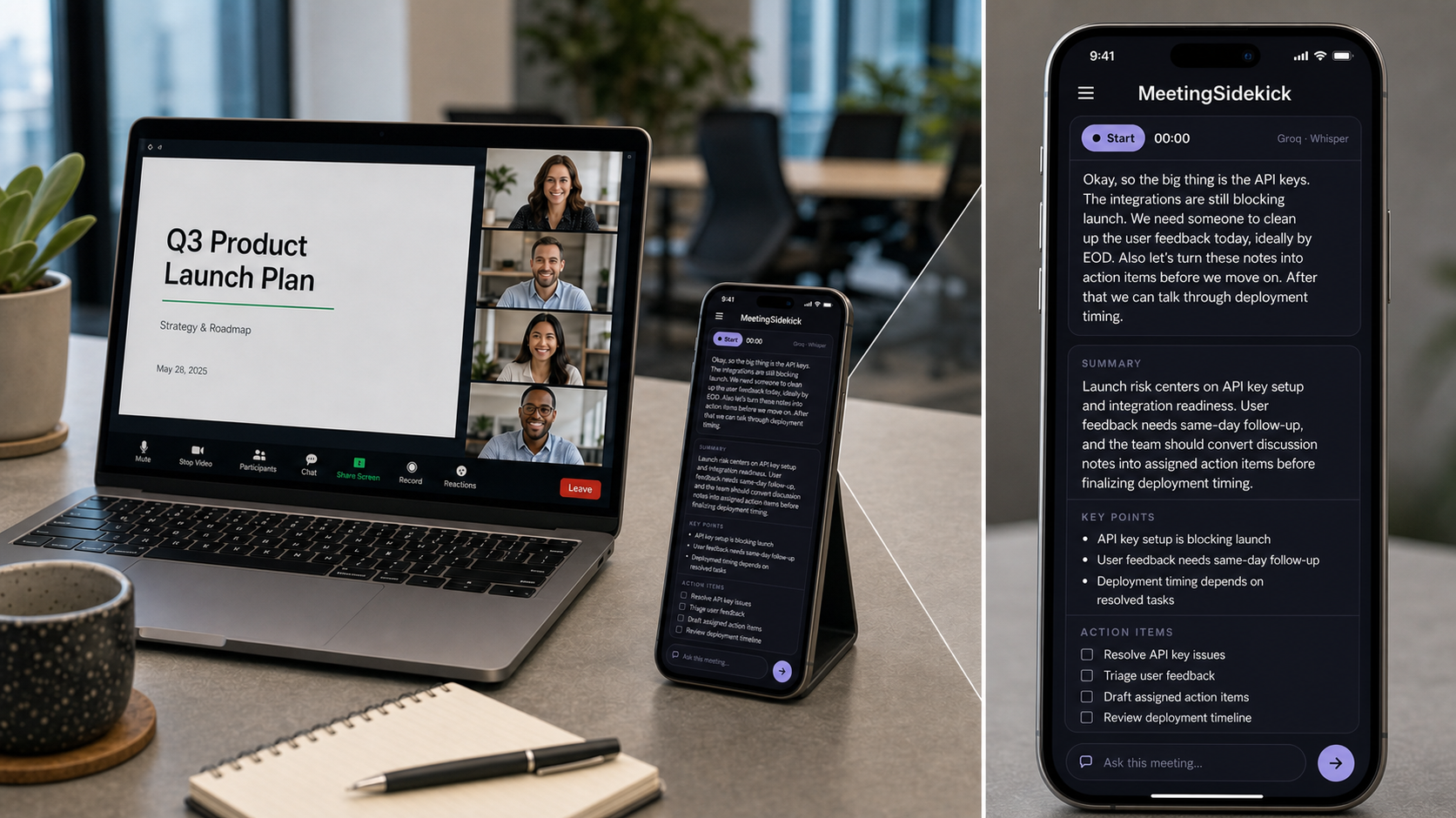 Meeting Sidekick running alongside a video call on a laptop and a phone, showing a live transcript, summary, key points and action items.